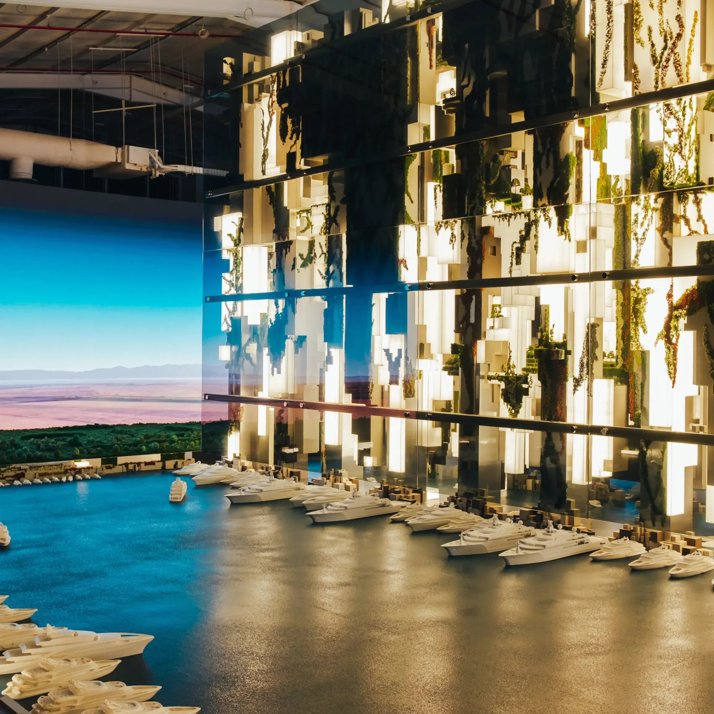 Evening shot of the futuristic looking NEOM. 