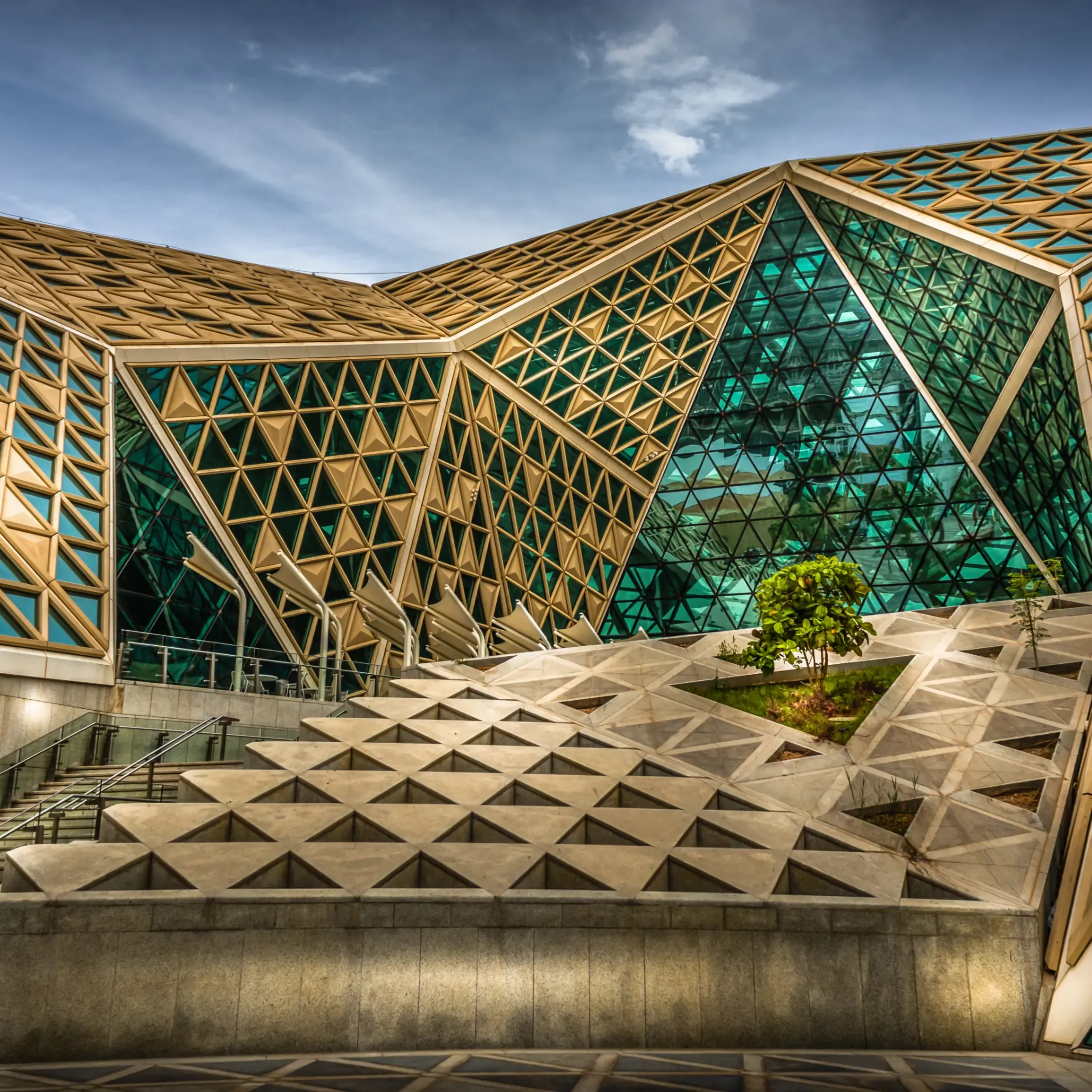 Modern building with geometric patterns, located in the King Abdullah Financial District in Riyadh, Saudi Arabia.